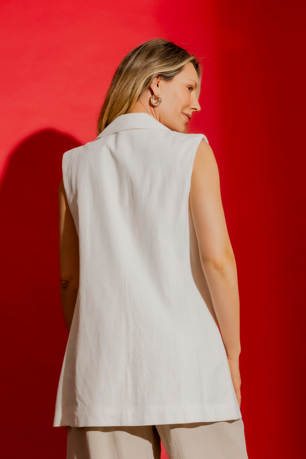 White Sandwashed Linen Single Breasted Vest