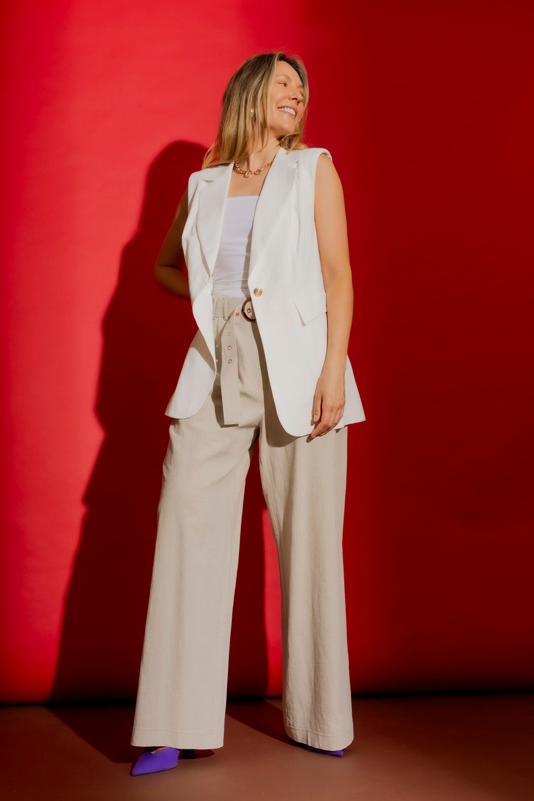 White Sandwashed Linen Single Breasted Vest
