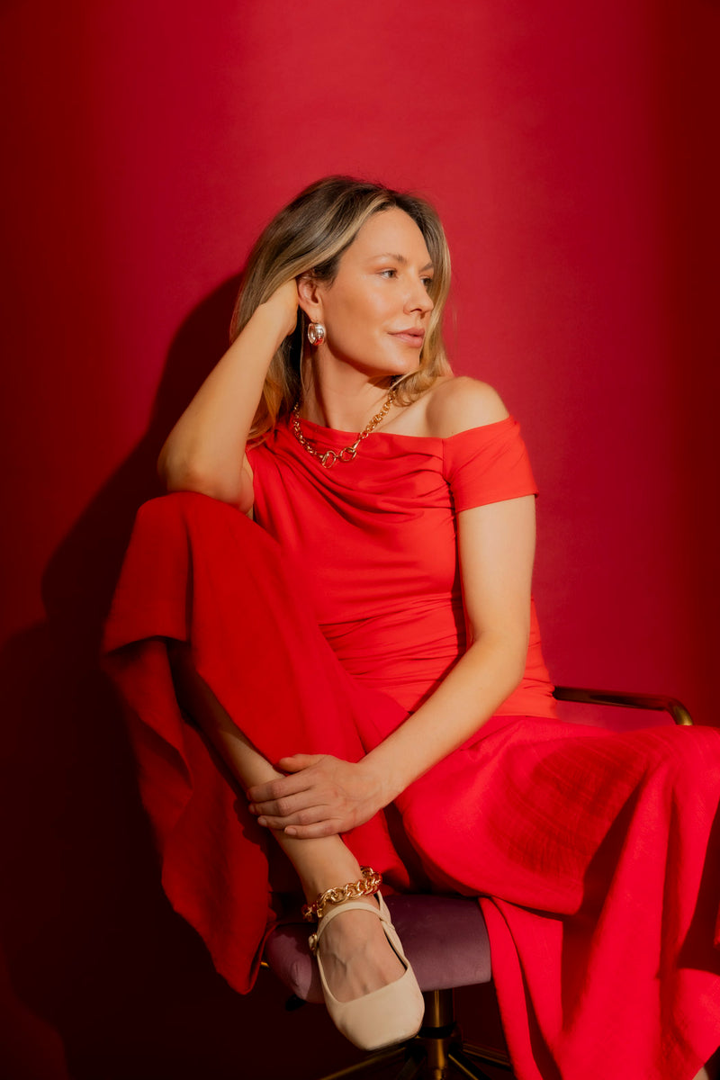 Red Tencel Drape Cap Sleeve Top