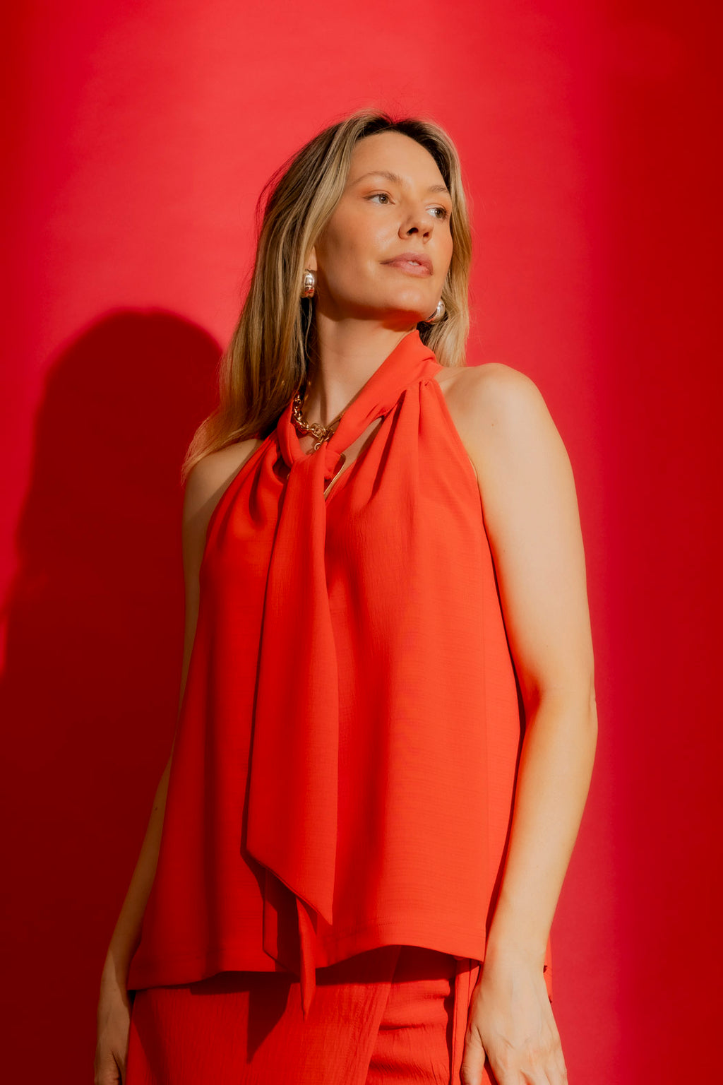 Orange Ripple Tie Neck Top