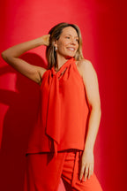 Orange Ripple Tie Neck Top