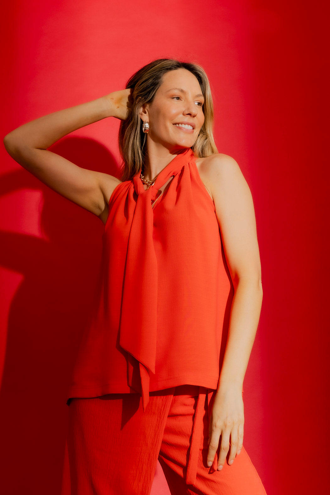 Orange Ripple Tie Neck Top