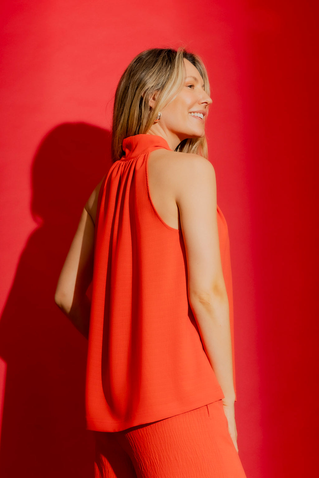 Orange Ripple Tie Neck Top