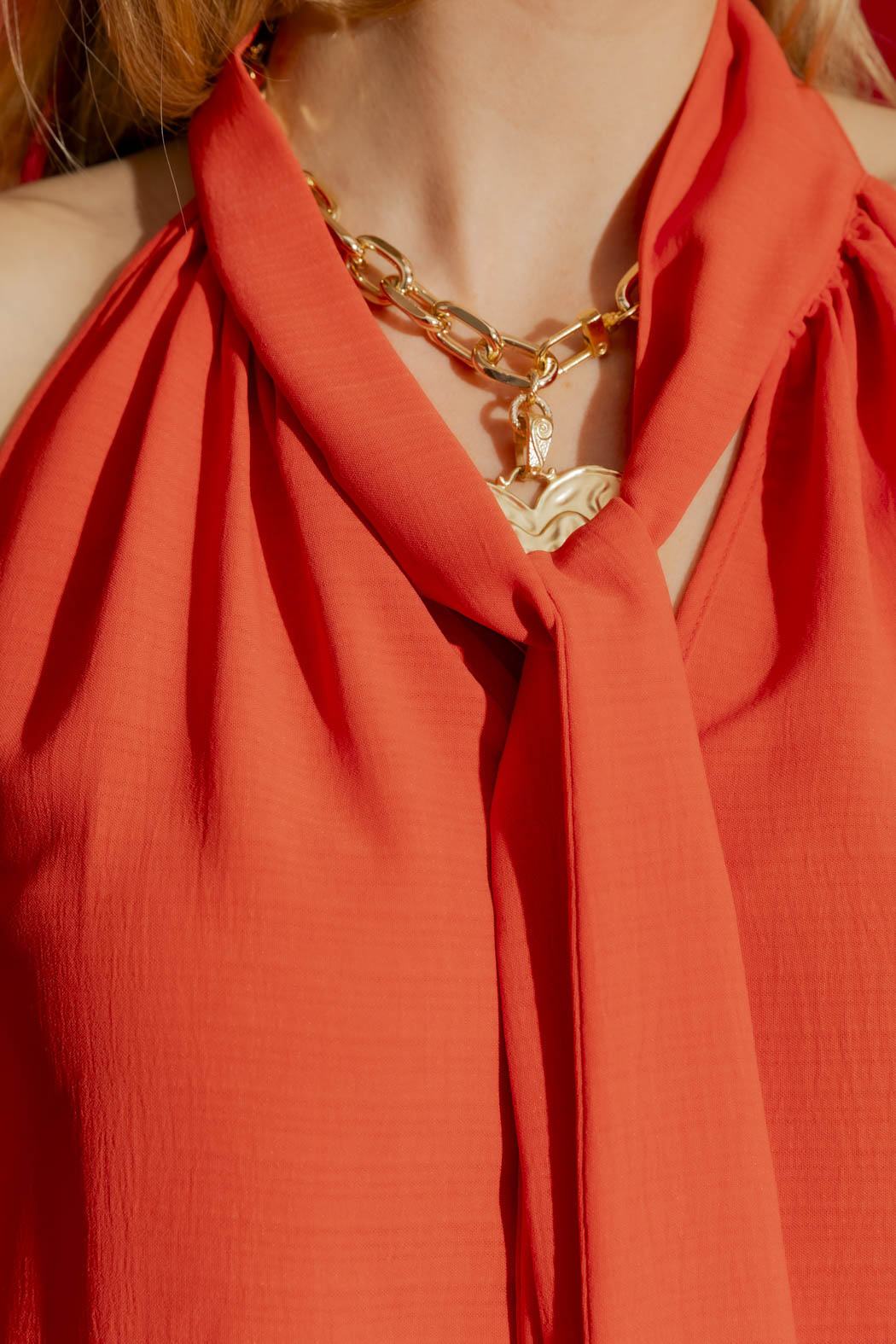 Orange Ripple Tie Neck Top