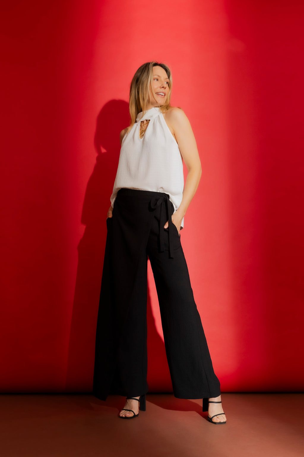 White Ripple Tie Neck Top