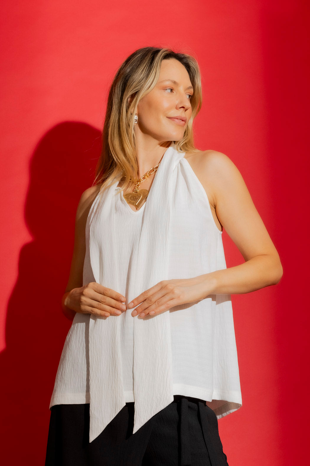 White Ripple Tie Neck Top