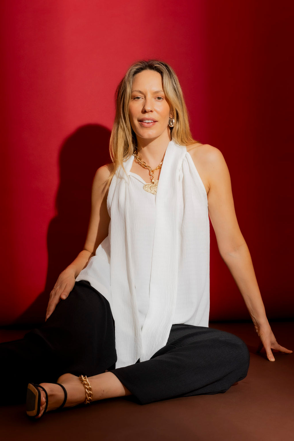 White Ripple Tie Neck Top