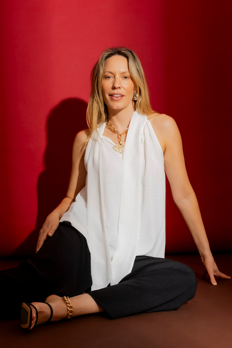 White Ripple Tie Neck Top