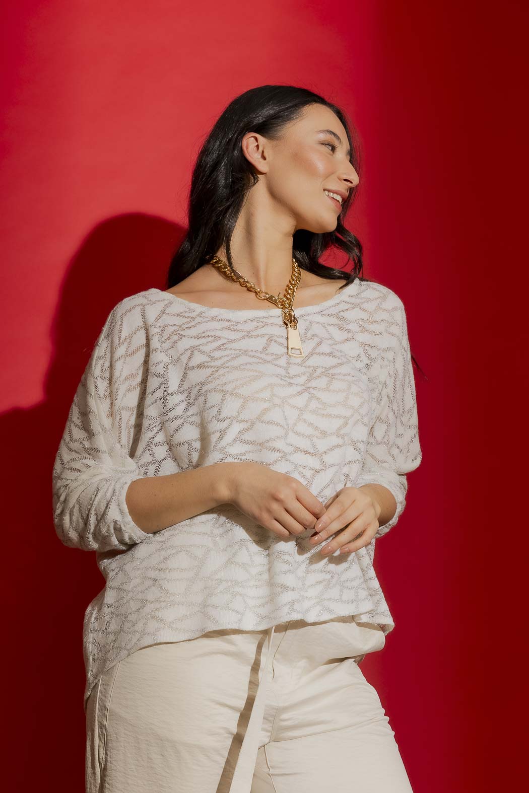 Ivory Lurex Knit Hi-Lo Top