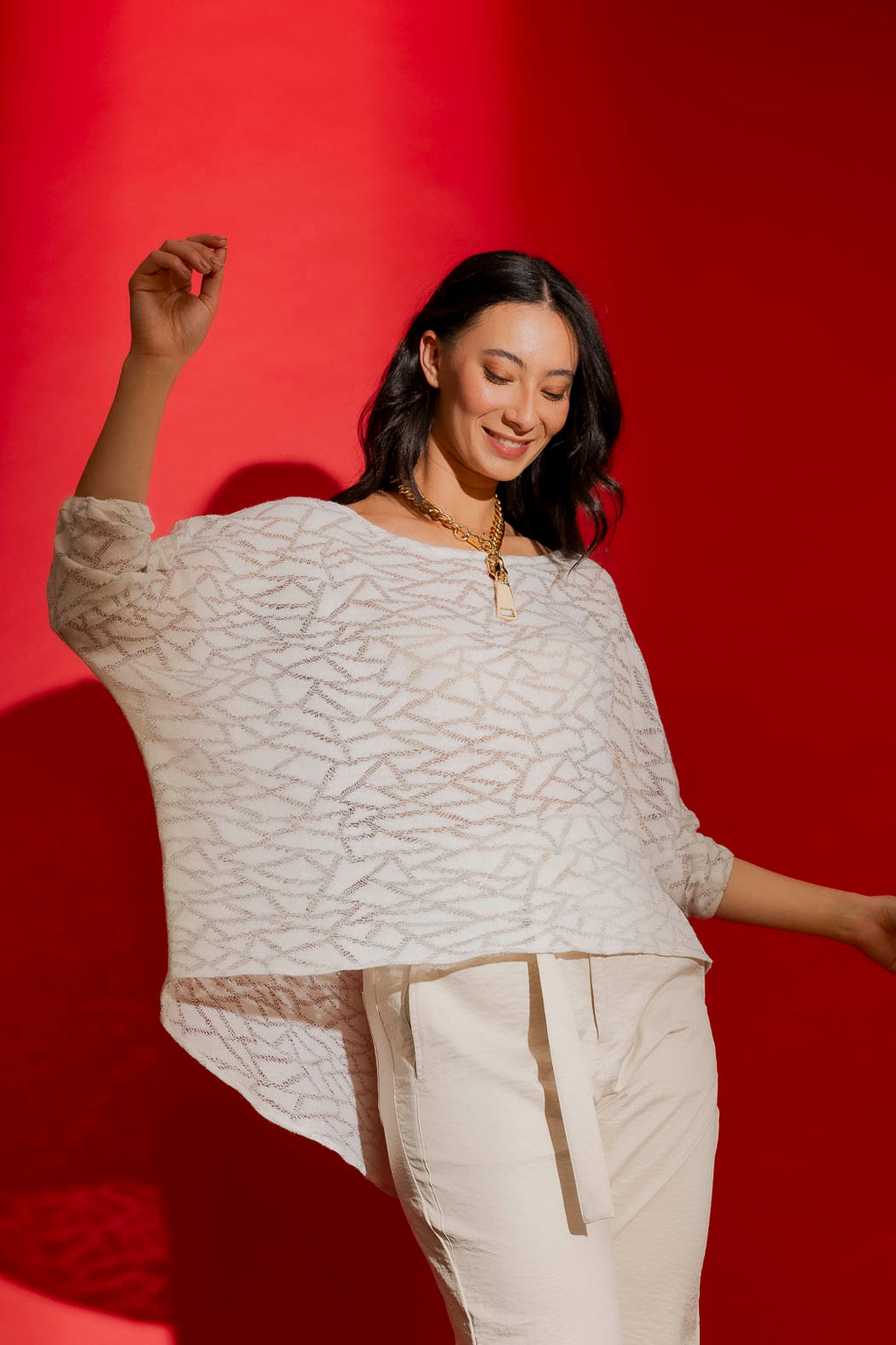 Ivory Lurex Knit Hi-Lo Top