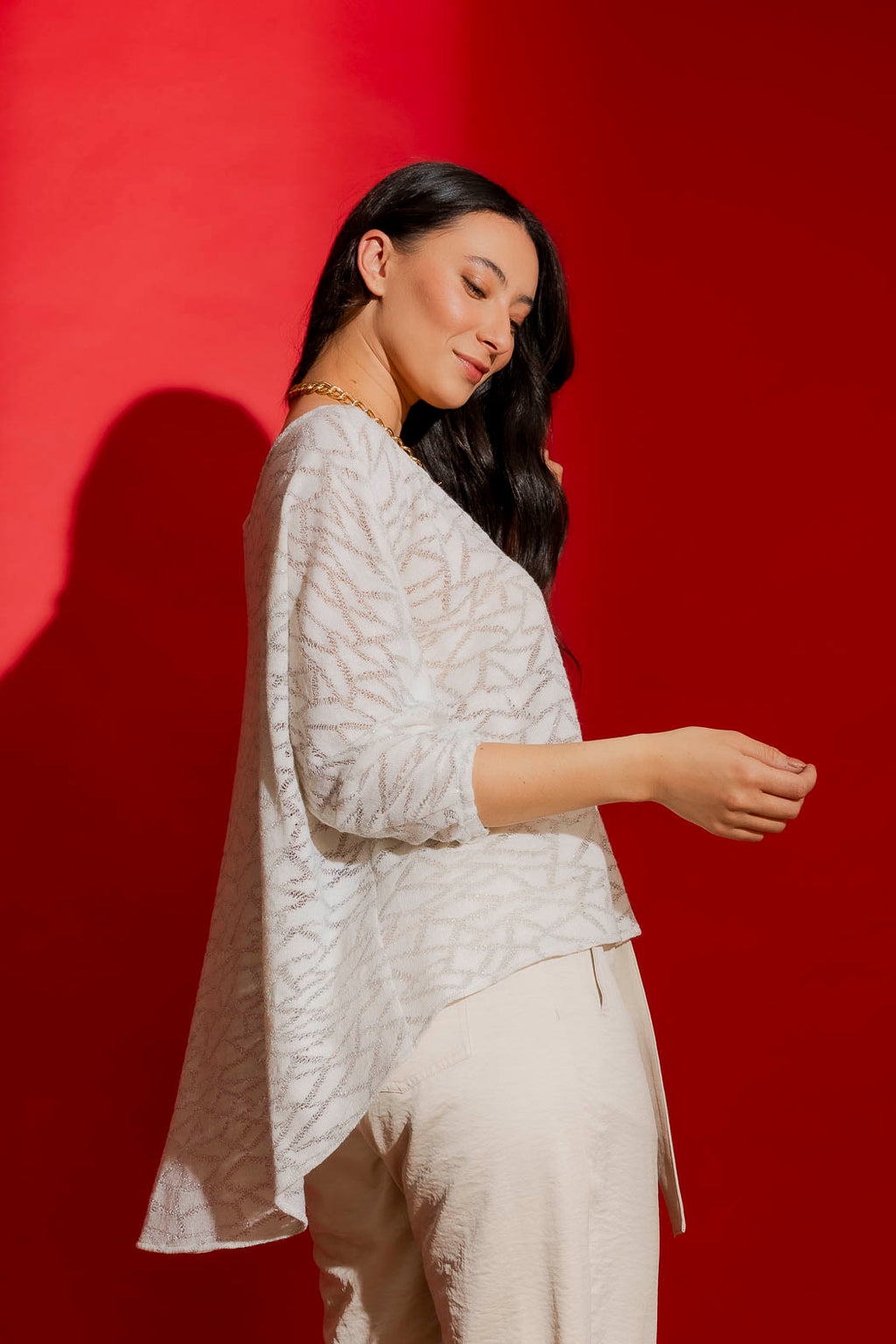 Ivory Lurex Knit Hi-Lo Top
