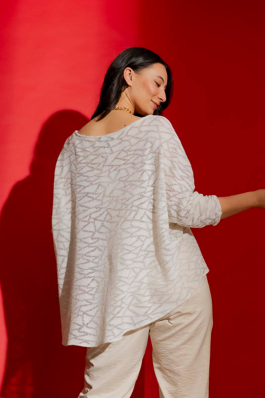 Ivory Lurex Knit Hi-Lo Top