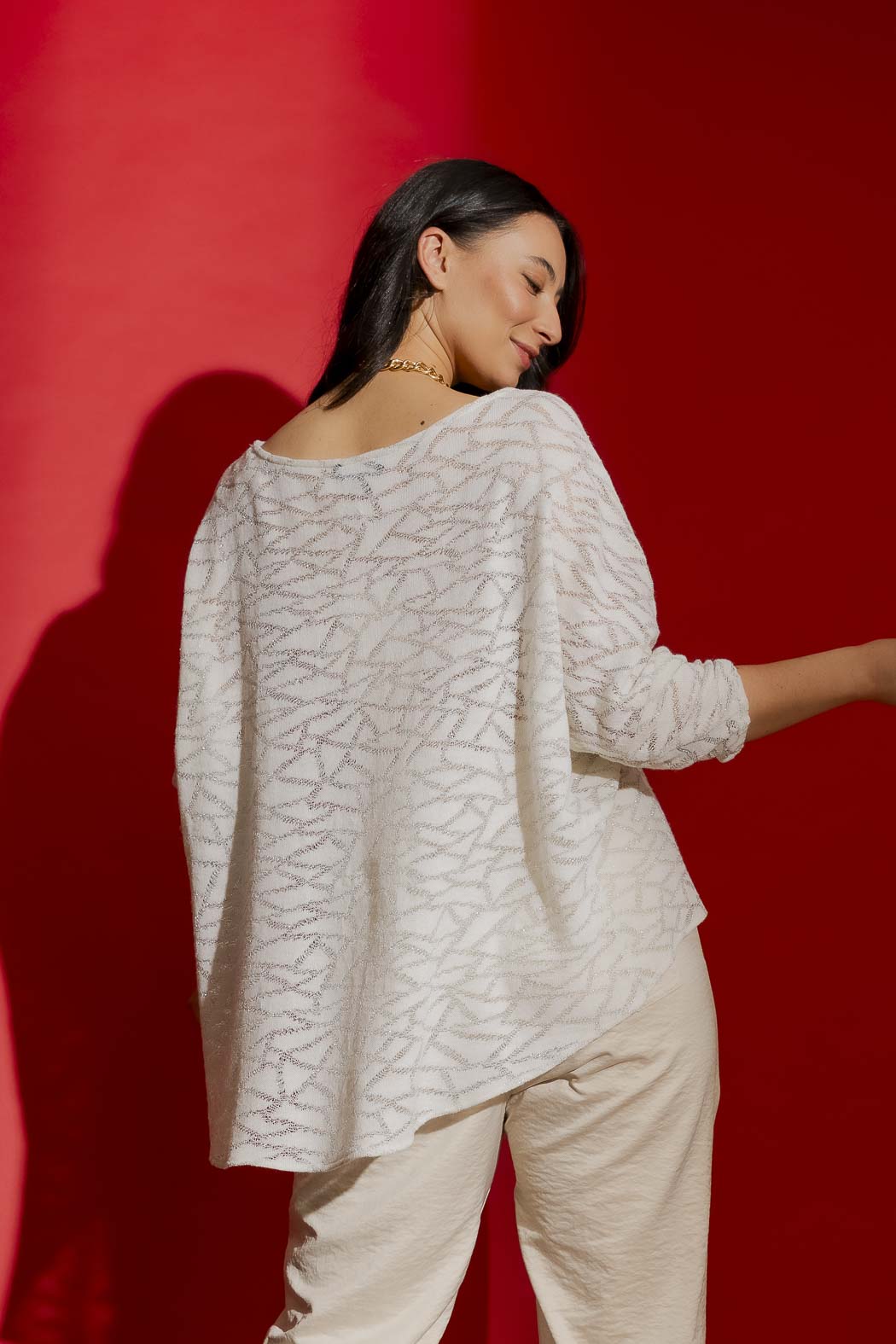 Ivory Lurex Knit Hi-Lo Top