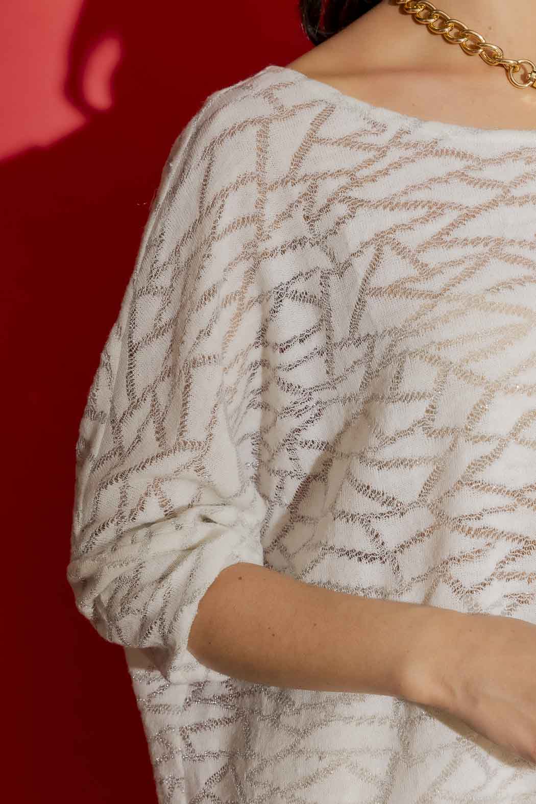 Ivory Lurex Knit Hi-Lo Top