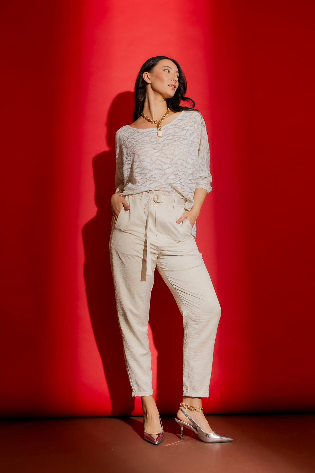 Ivory Lurex Knit Hi-Lo Top