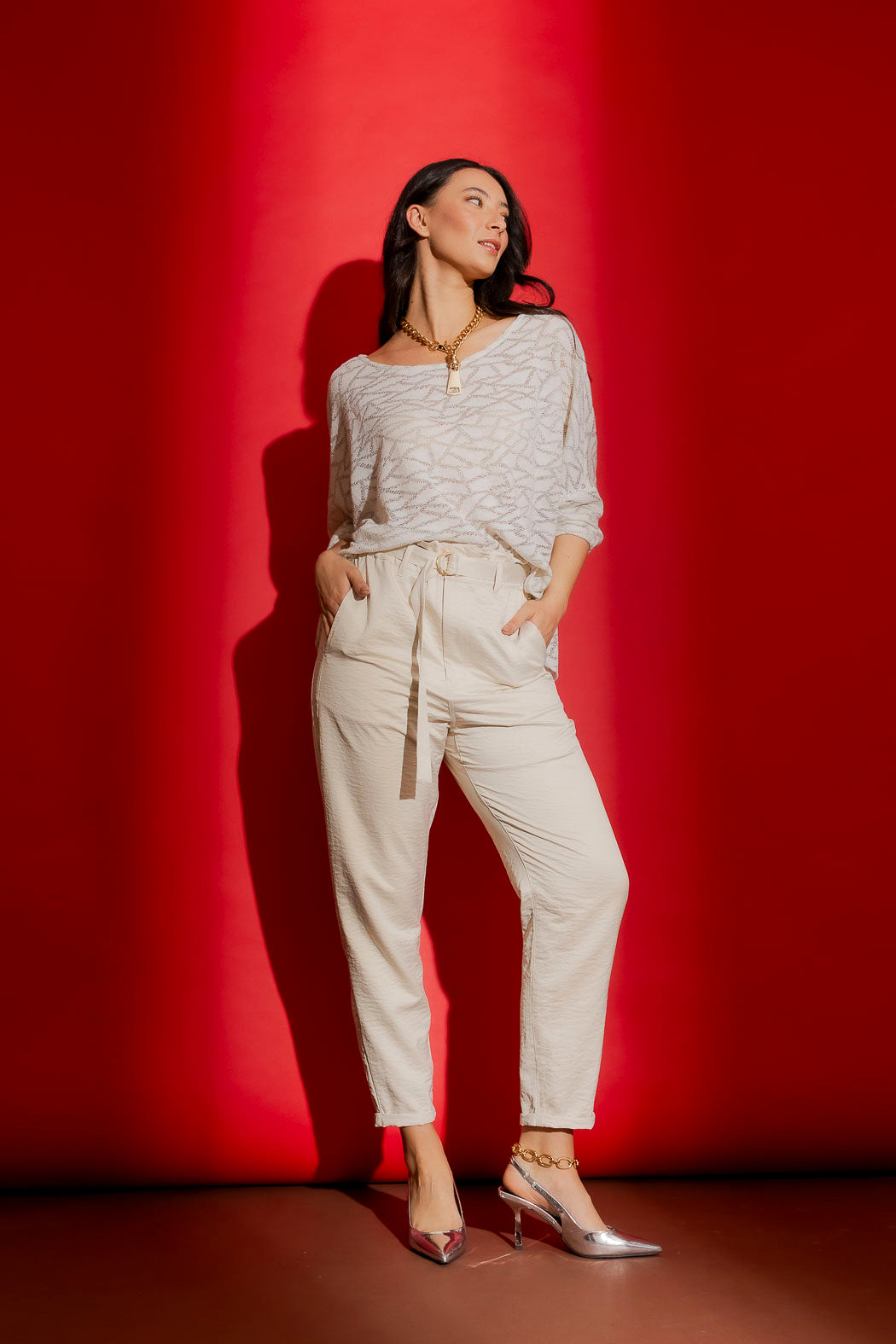 Ivory Lurex Knit Hi-Lo Top
