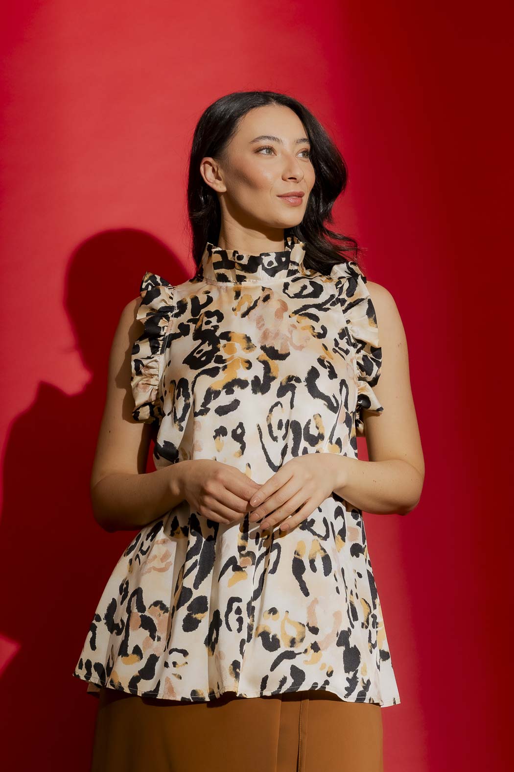 Beige Animal Silky Ruffle Cami Beige Animal