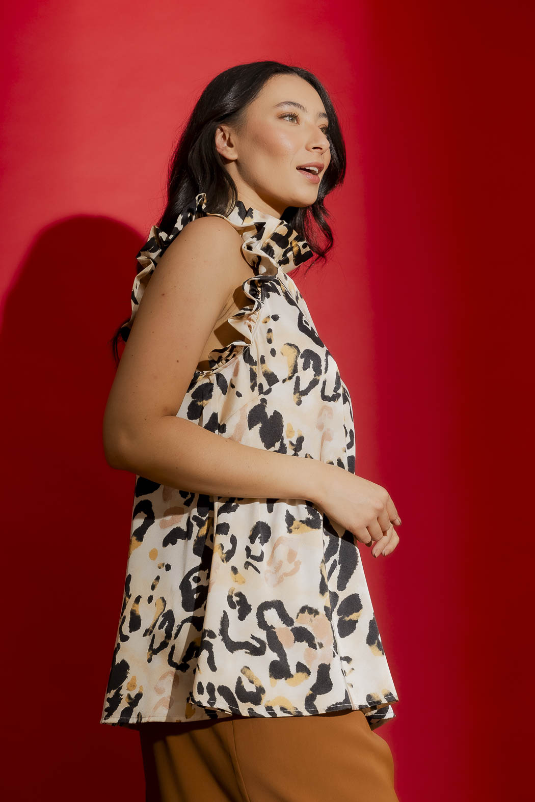 Beige Animal Silky Ruffle Cami Beige Animal