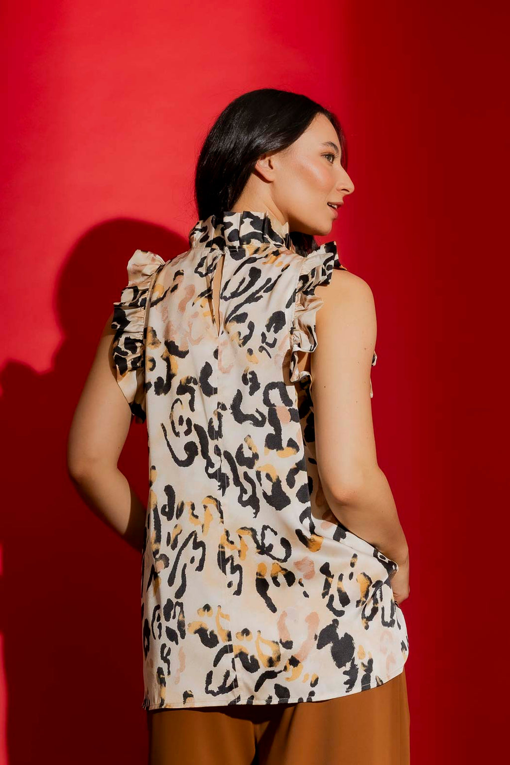 Beige Animal Silky Ruffle Cami Beige Animal