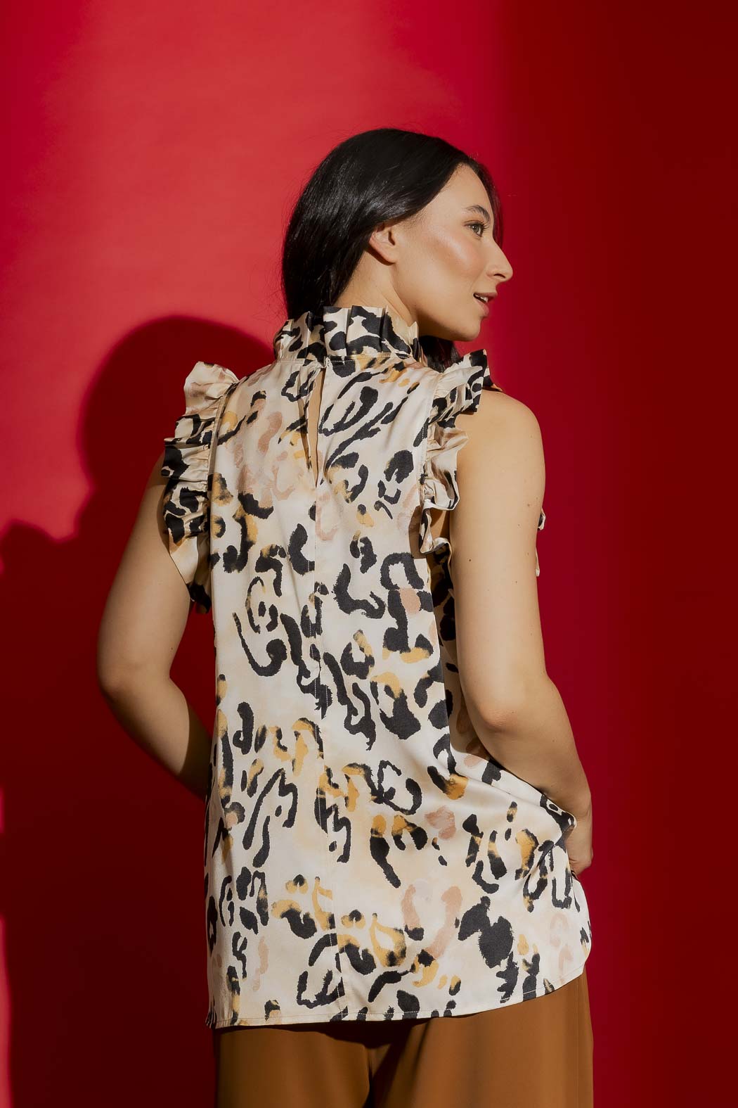 Beige Animal Silky Ruffle Cami Beige Animal