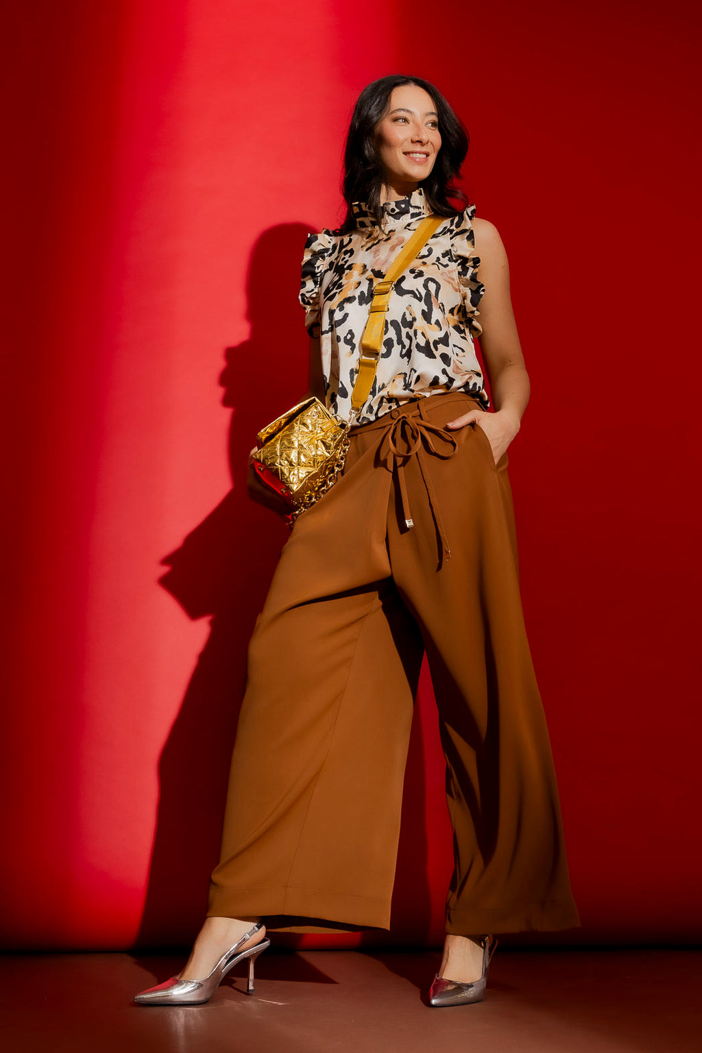 Beige Animal Silky Ruffle Cami Beige Animal