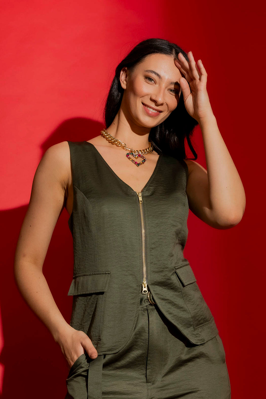 Khaki Crushed Satin Zip Front Vest