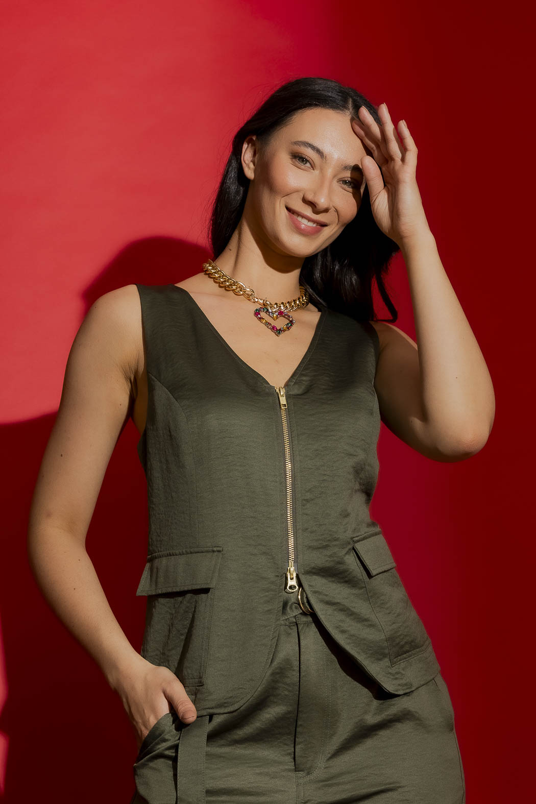 Khaki Crushed Satin Zip Front Vest