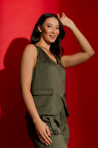 Khaki Crushed Satin Zip Front Vest