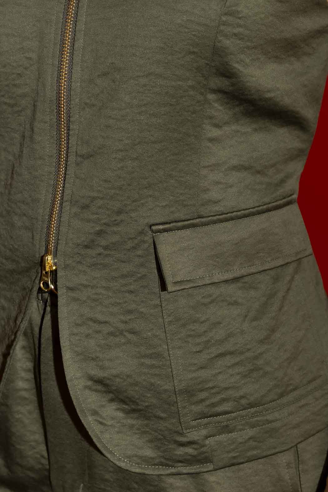 Khaki Crushed Satin Zip Front Vest