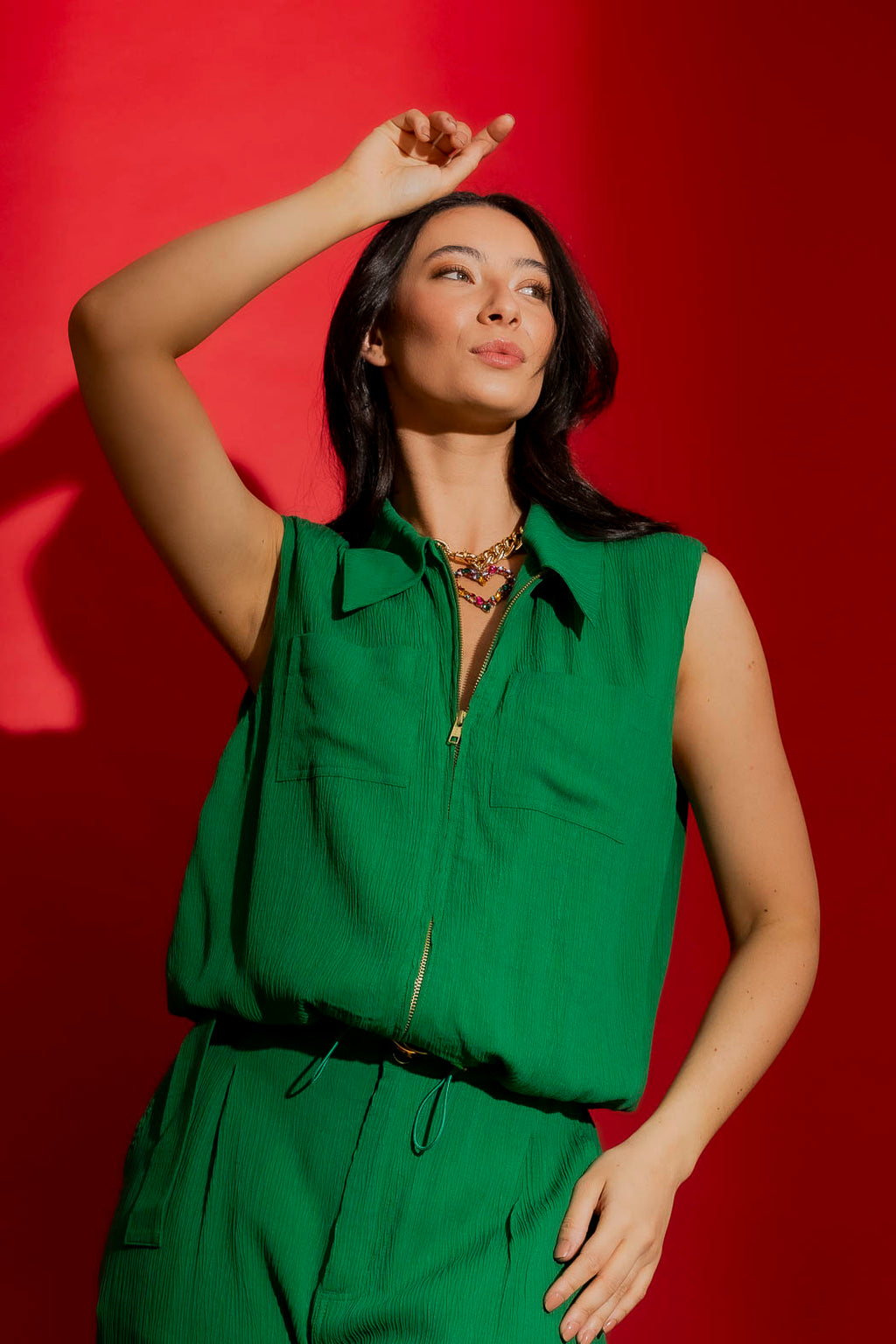 Green Crinkle Zip Up Top