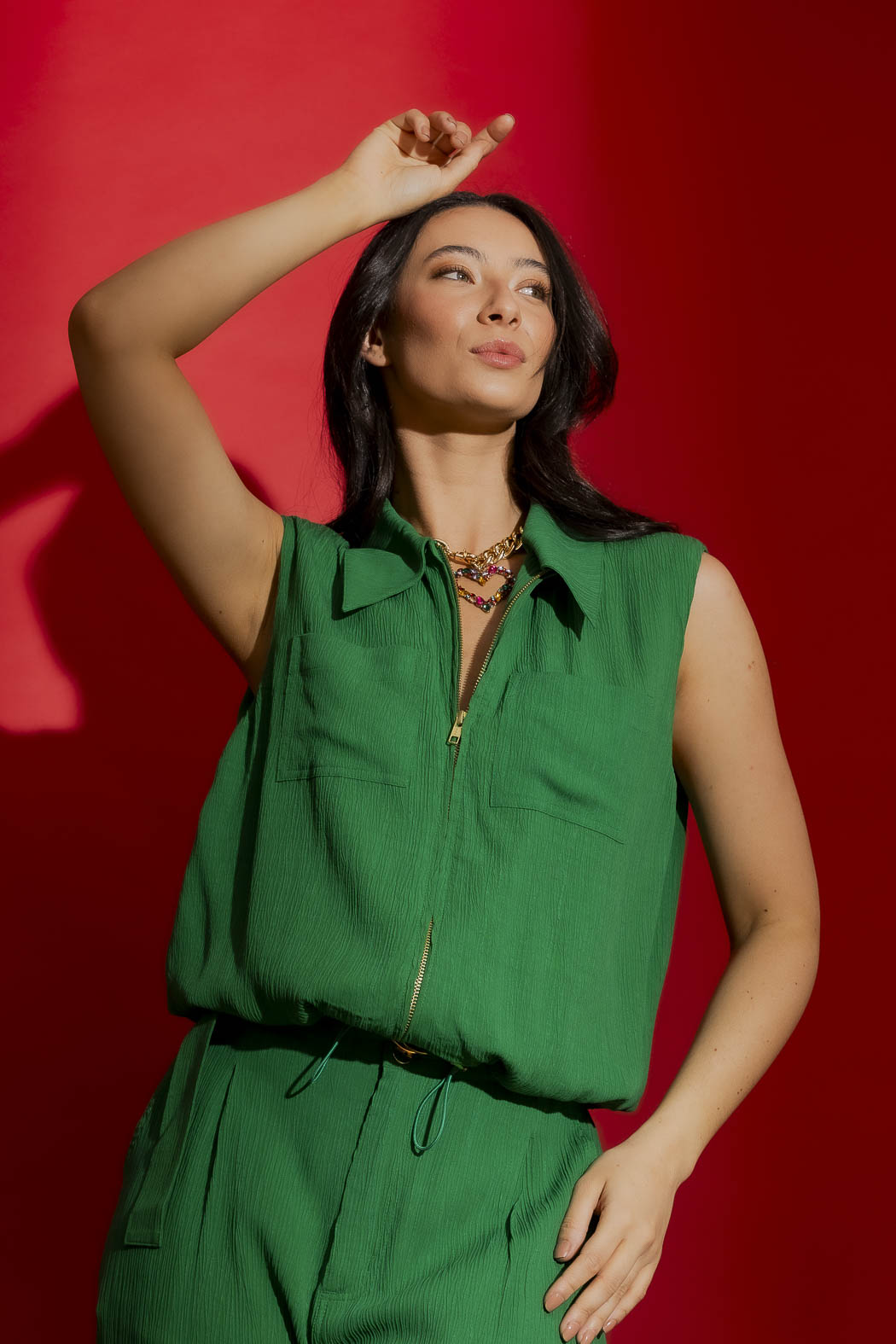 Green Crinkle Zip Up Top