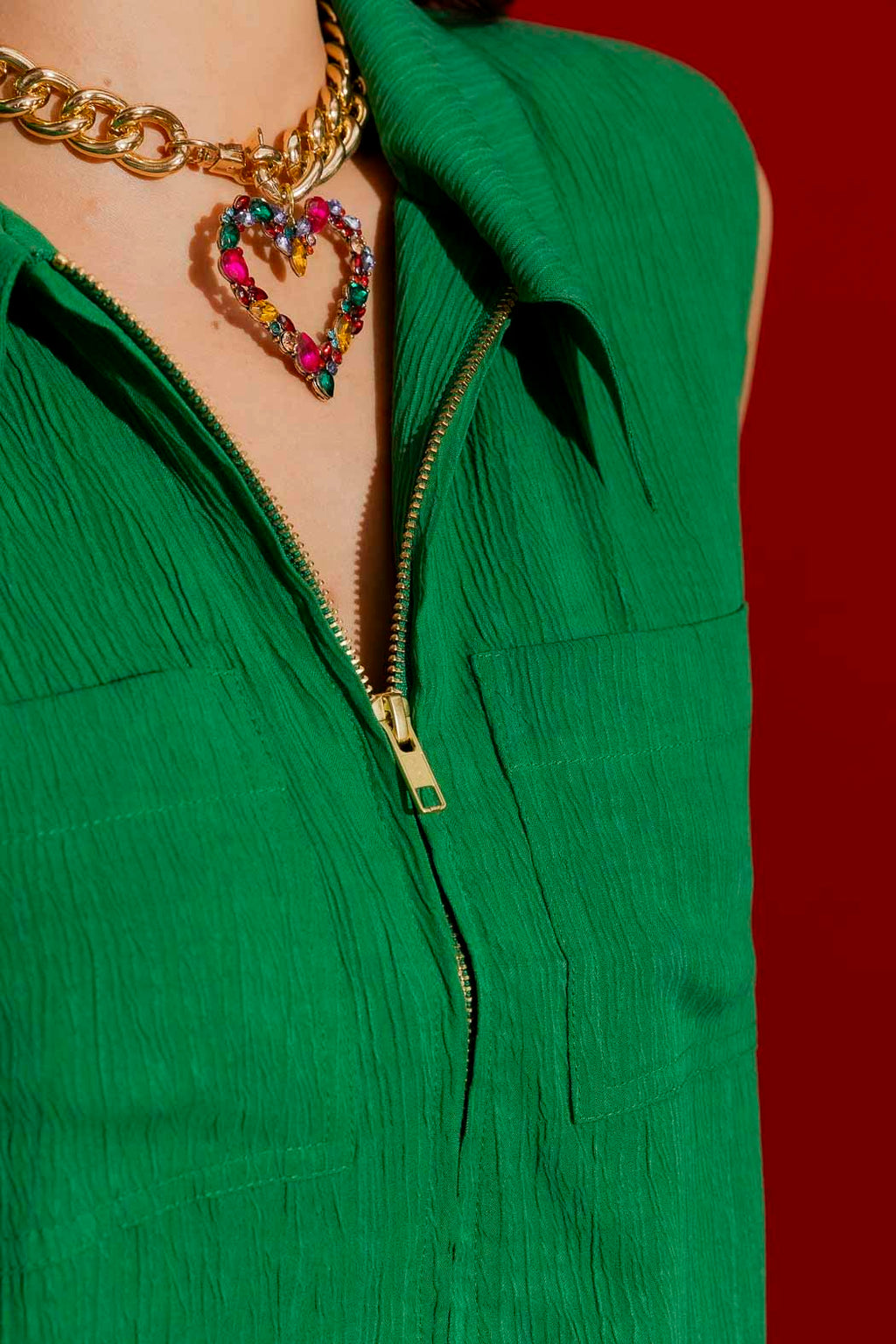 Green Crinkle Zip Up Top