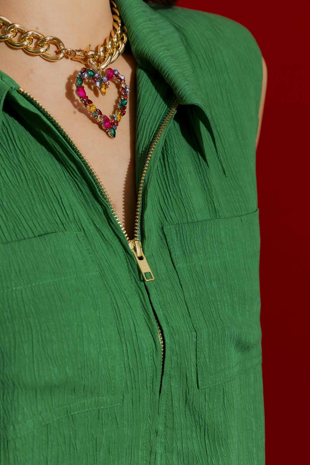 Green Crinkle Zip Up Top