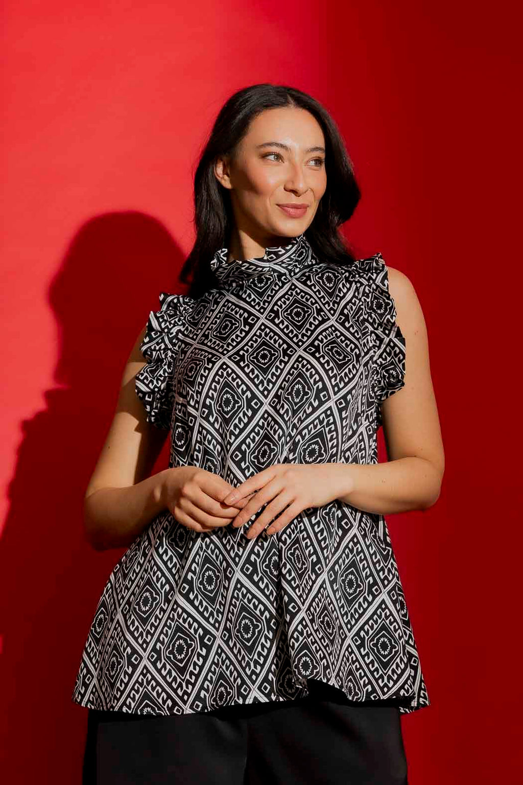 Black/White Silky Ruffle Cami