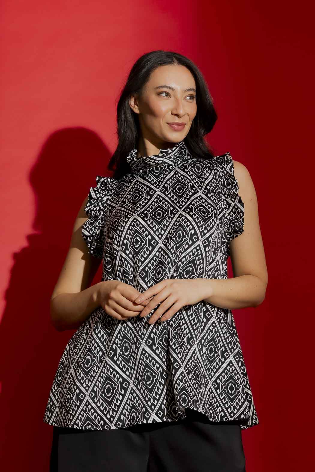 Black/White Silky Ruffle Cami