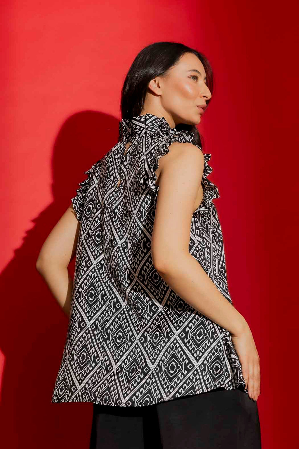 Black/White Silky Ruffle Cami