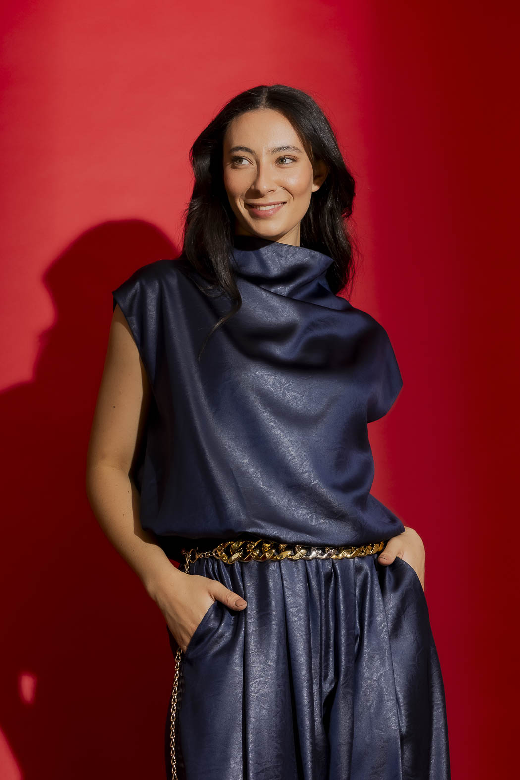 Navy Embossed Funnel Neck Top