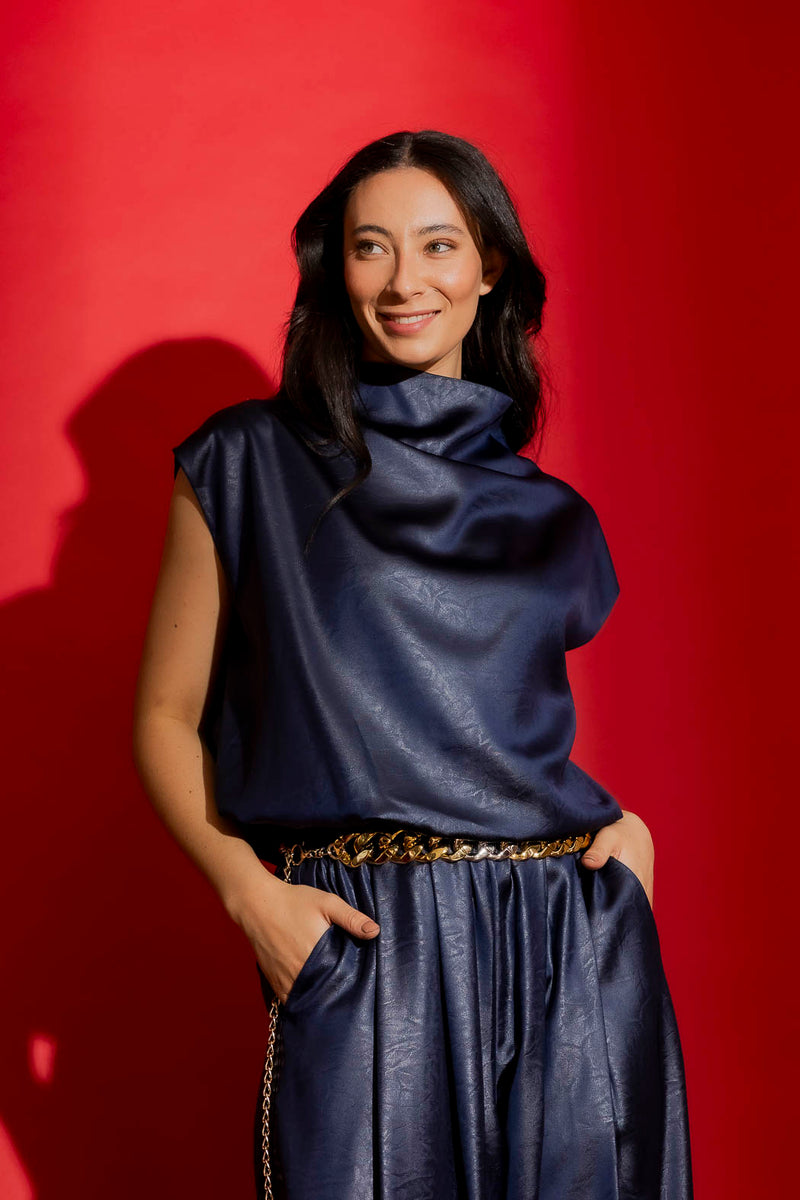 Navy Embossed Funnel Neck Top