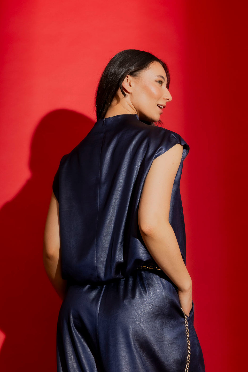 Navy Embossed Funnel Neck Top