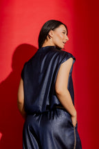 Navy Embossed Funnel Neck Top