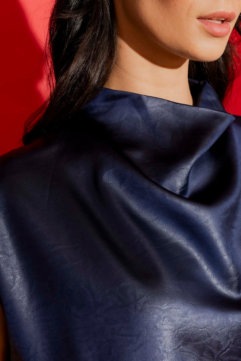 Navy Embossed Funnel Neck Top