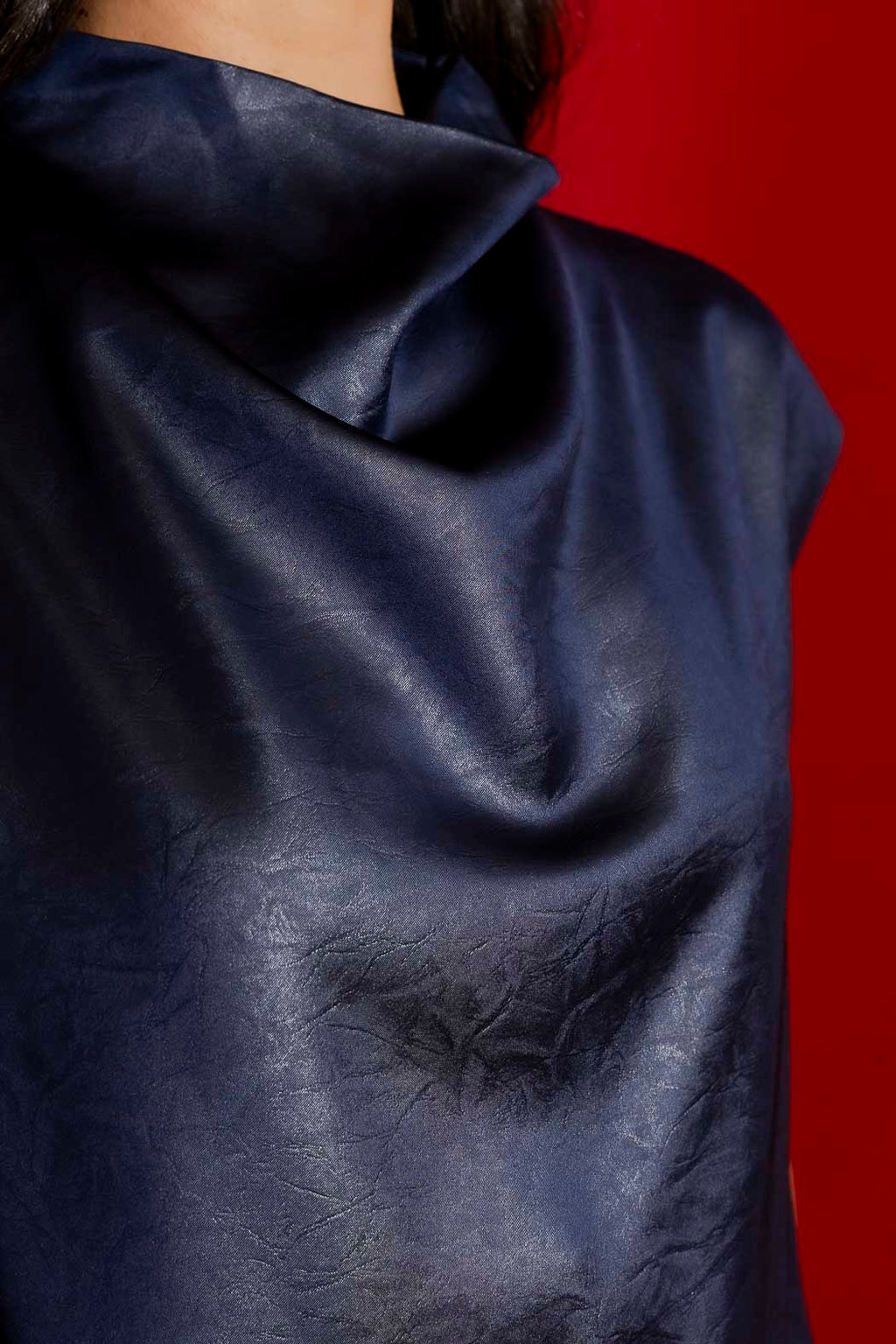 Navy Embossed Funnel Neck Top