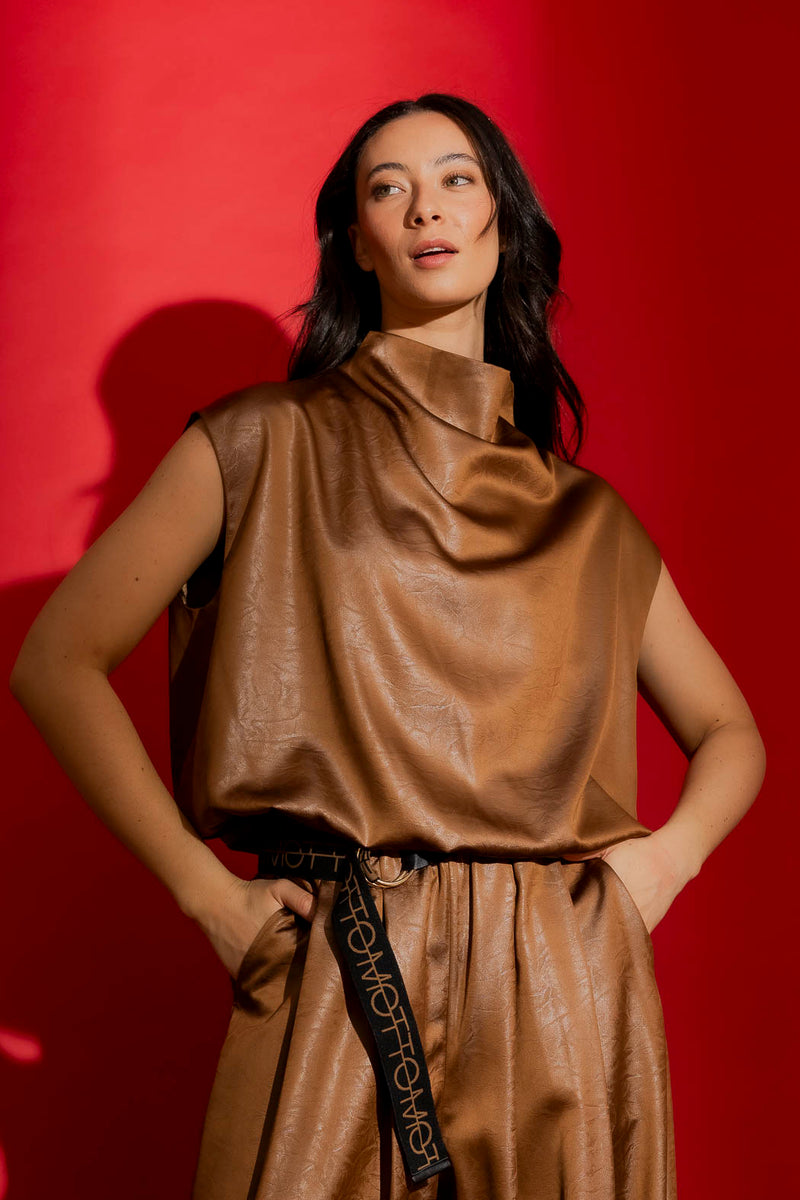 Chocolate Embossed Funnel Neck Top