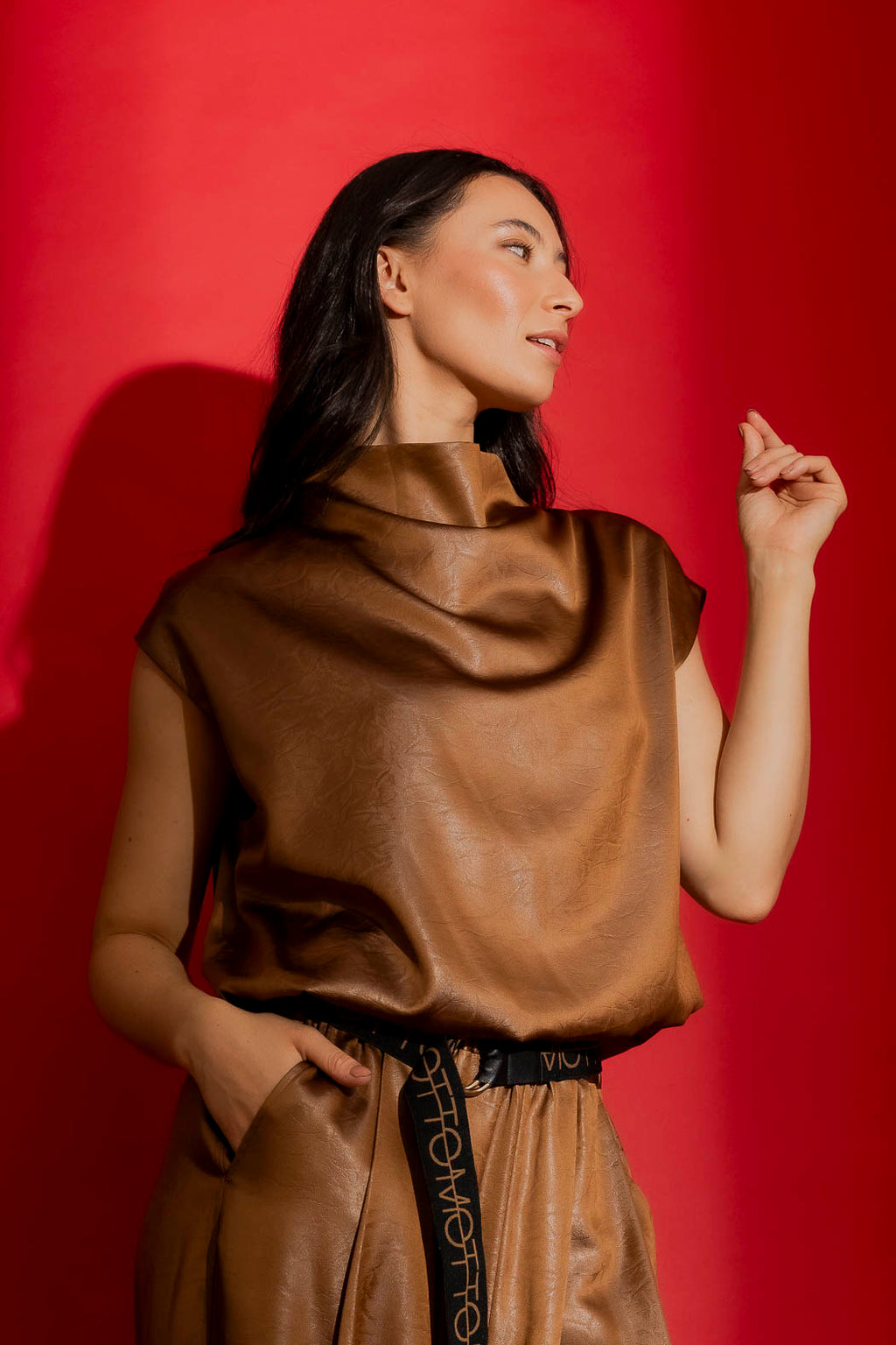 Chocolate Embossed Funnel Neck Top