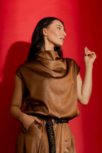 Chocolate Embossed Funnel Neck Top