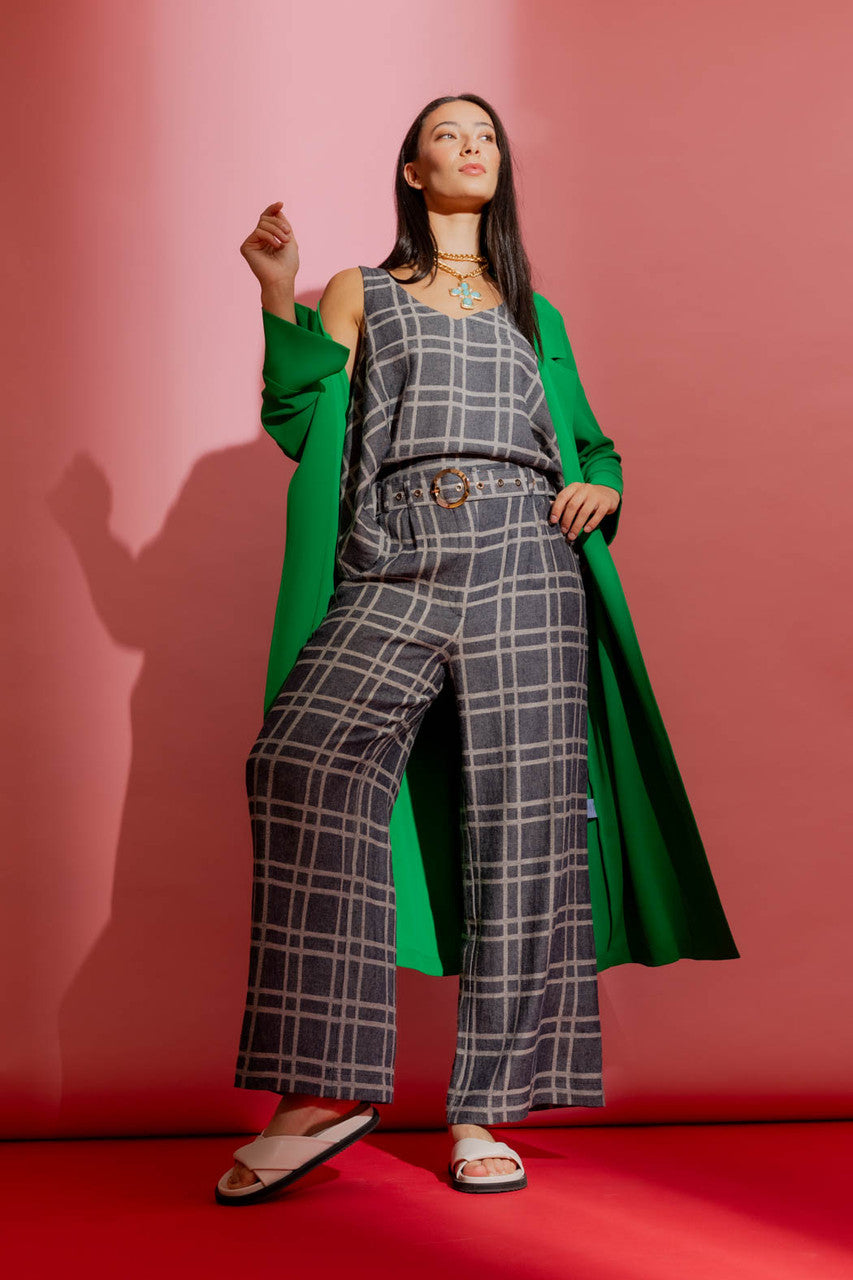 Navy Check Linen Bell Top