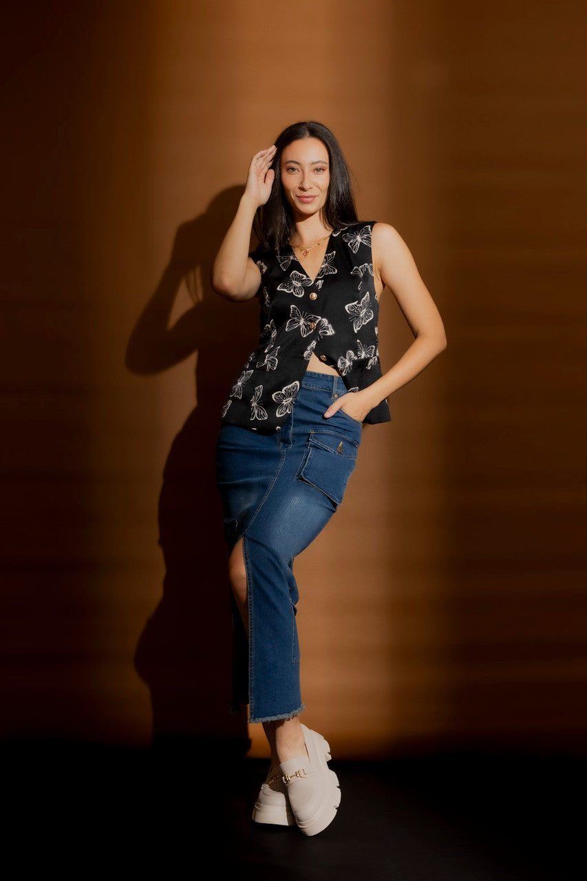 Mid Denim Cargo Split Skirt Mid Denim