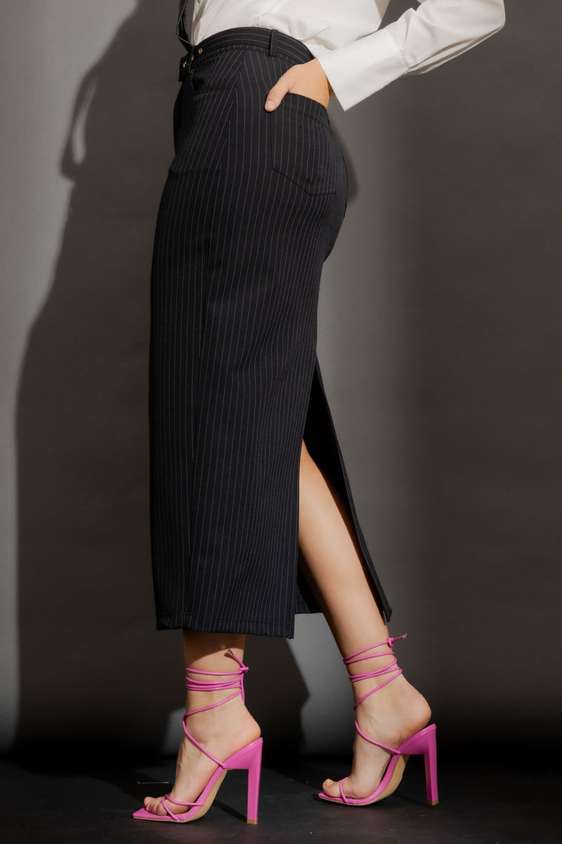 Black Stripe Belted Skirt Black Stripe