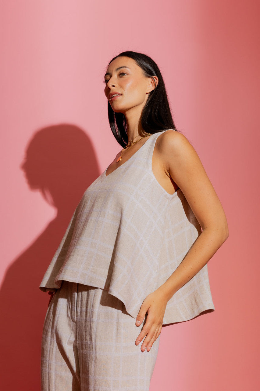 Natural Check Linen Bell Top