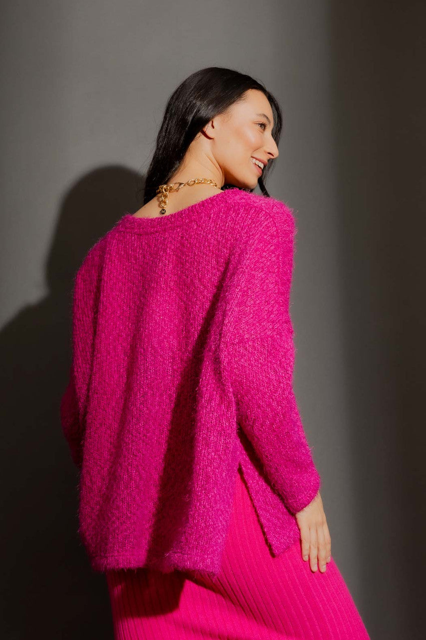 Pink Fluffy V Neck Jumper